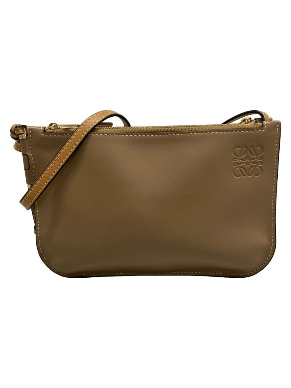 Loewe Shoulder Bag Gate Double Zip Pouch Beige Brown Leather